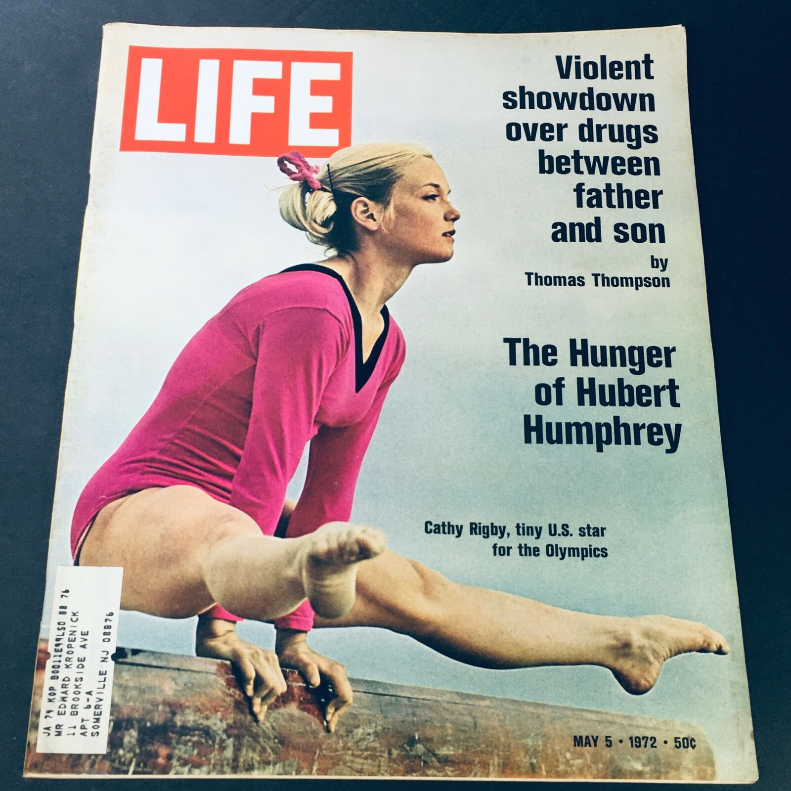 Cover of VTG Life Magazine from May 5, 1972 featuring Cathy Rigby, a tiny U.S. star for the Olympics, with the text 'The Hunger of Hubert Humphrey'.