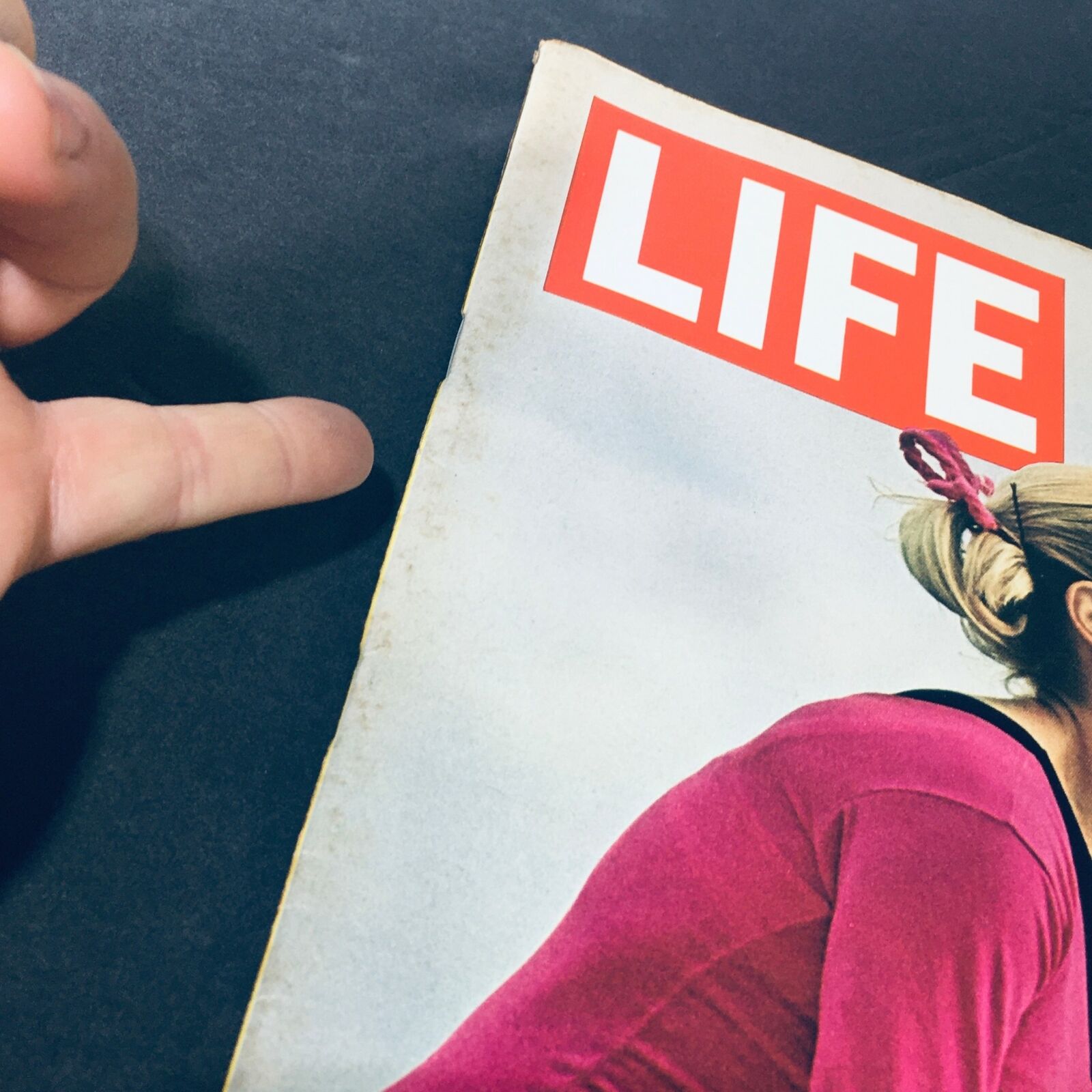 Close-up view of the cover of VTG Life Magazine from May 5, 1972, highlighting minor wear and the vibrant artwork featuring Cathy Rigby.