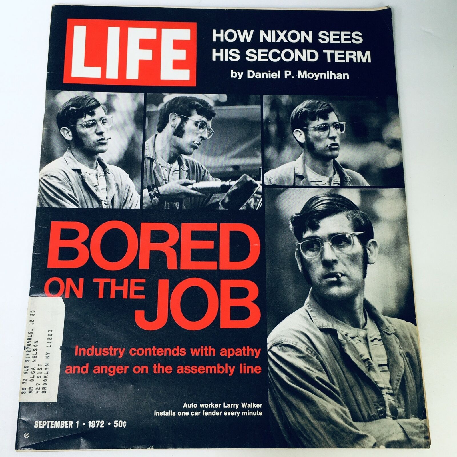 VTG Life Magazine cover from September 1, 1972 featuring auto worker Larry Walker installing a car fender, with the title 'Bored on the Job' and capturing industry themes of apathy and anger on the assembly line.