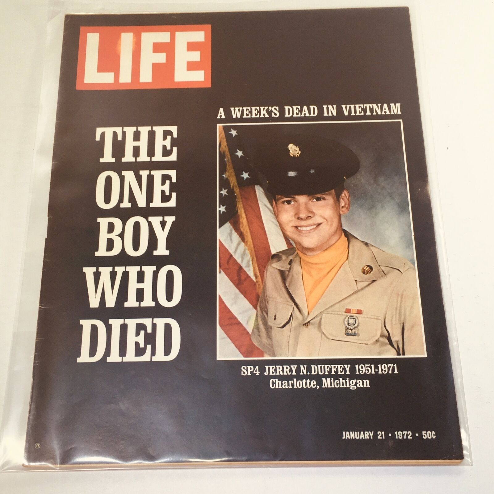VTG Life Magazine Cover: January 21, 1972 featuring SP4 Jerry N. Duffey from Charlotte, MI, highlighting themes of military service and historical significance.