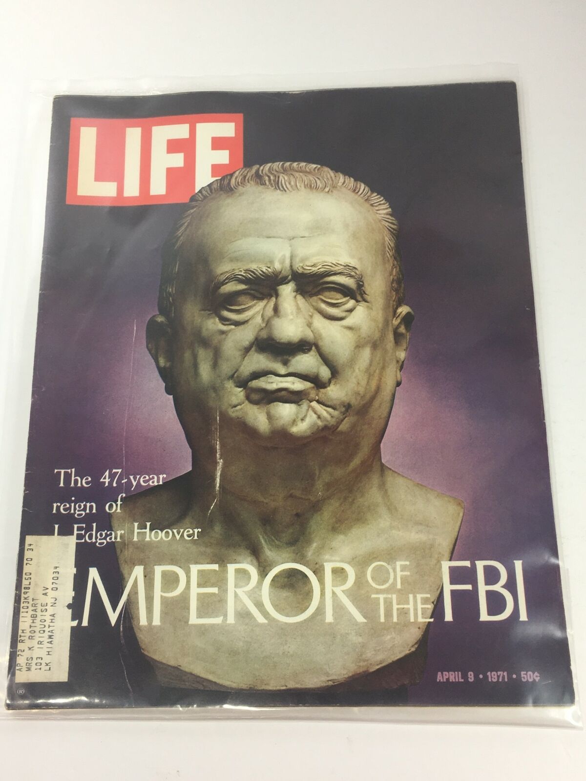 Cover of VTG Life Magazine: April 9, 1971, featuring a bust sculpture of L. Edgar Hoover with the title 'The 47-Year Reign of L. Edgar Hoover from FBI' and the word 'LIFE' in bold red letters.