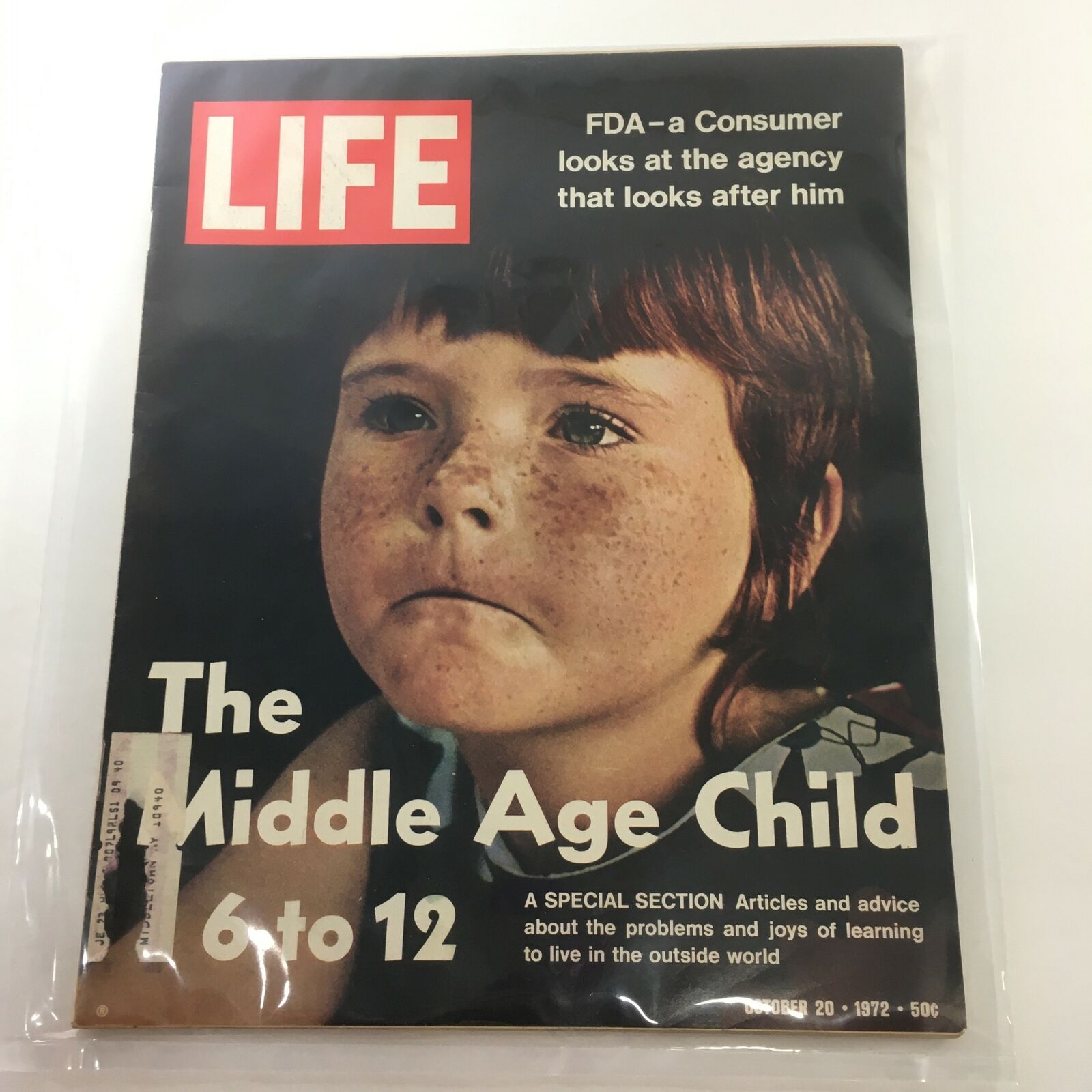 Cover of VTG Life Magazine dated October 20, 1972, featuring the title 'The Middle Age Child From 6 to 12' with a close-up image of a freckled child looking contemplative.