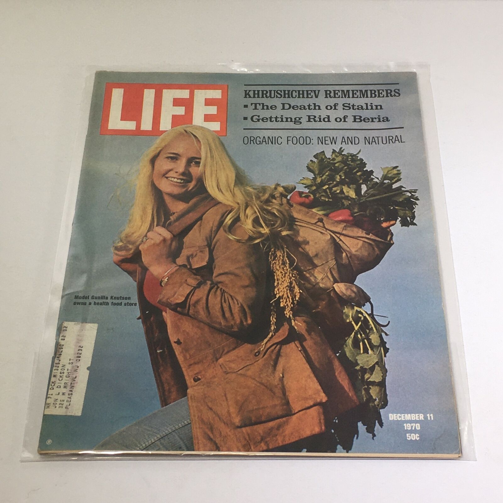 VTG Life Magazine Cover from December 11, 1970, featuring an article on 'The Death of Stalin' and 'Getting Rid of Beria', with a model holding organic produce.