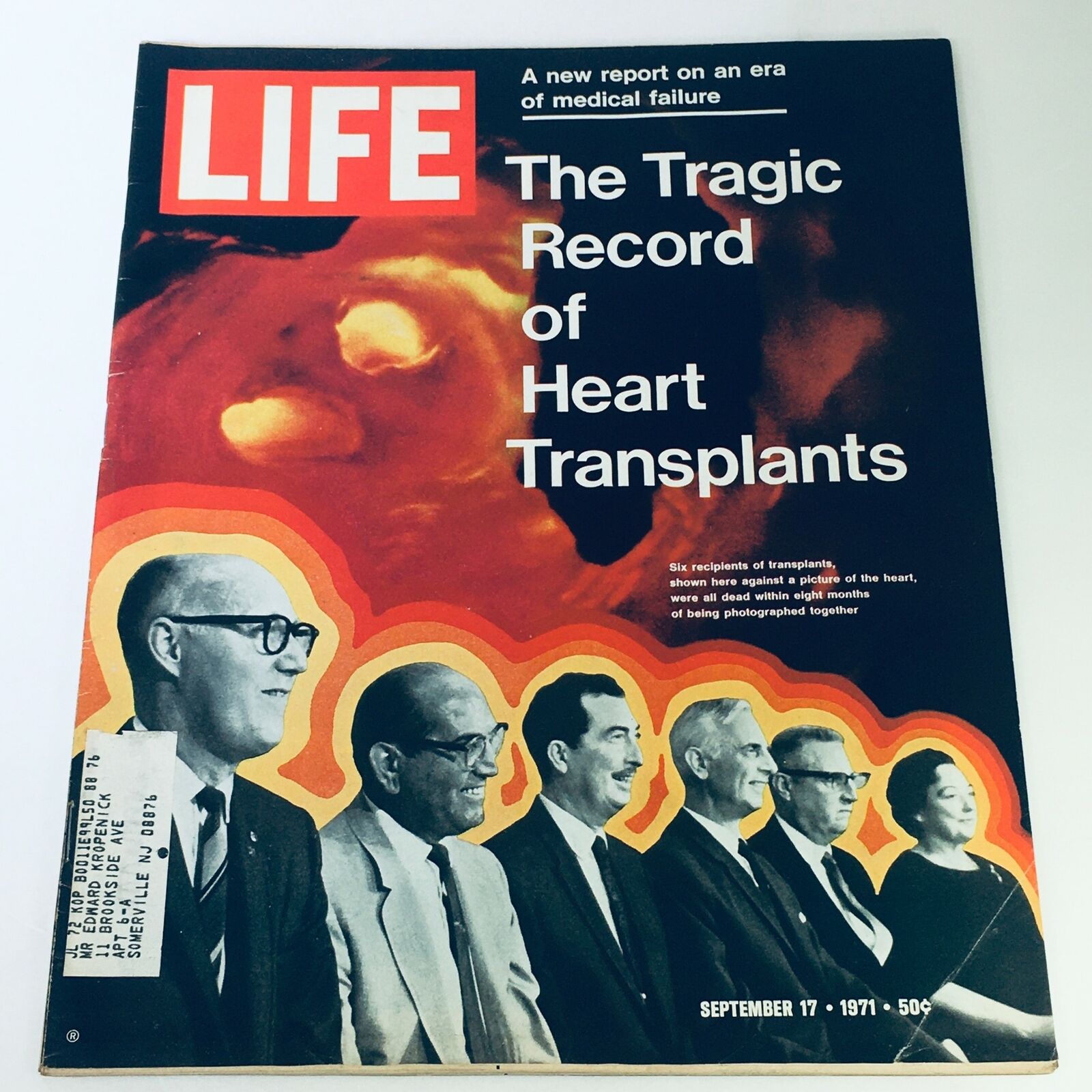 Cover of VTG Life Magazine September 17, 1971, featuring a report on medical failure, prominently stating 'The Tragic Record of Heart Transplants' with vivid graphics and text.