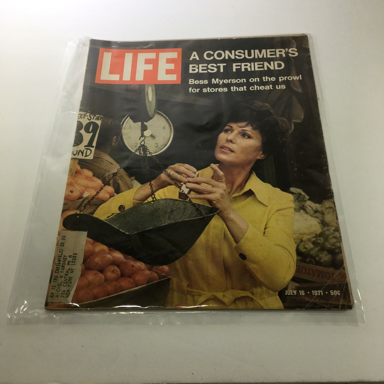 Vintage Life Magazine from July 16, 1971 featuring Bess Myerson, titled 'A Consumer's Best Friend', showcasing her role in consumer advocacy with a backdrop of grocery shopping.