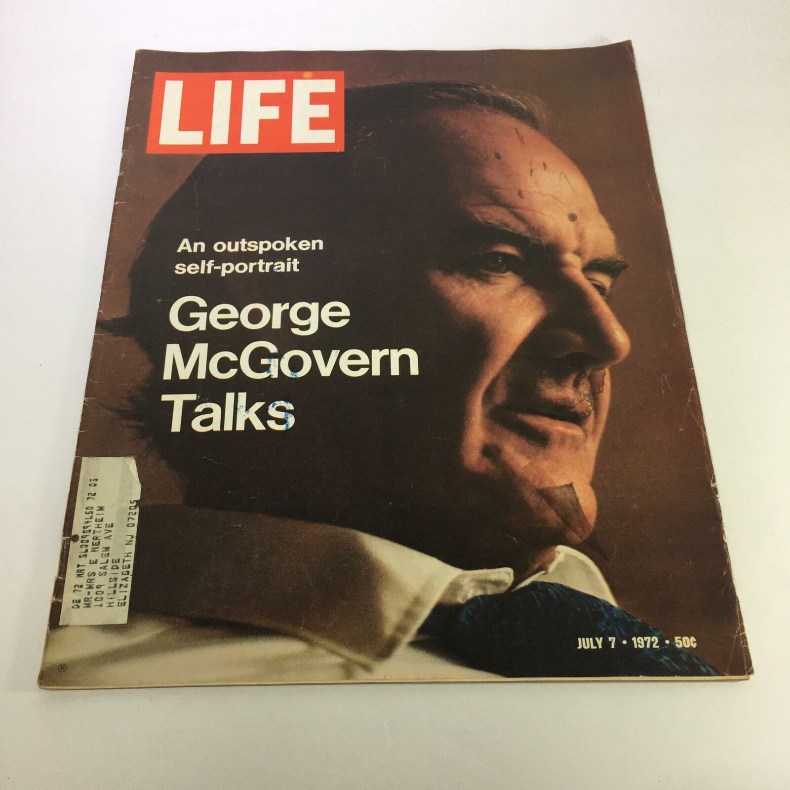Life Magazine cover from July 7, 1972, featuring an outspoken self-portrait titled 'George McGovern Talks.' The cover displays a close-up image of George McGovern, showcasing a distinguished expression and details of the era, perfect for collectors and history enthusiasts.
