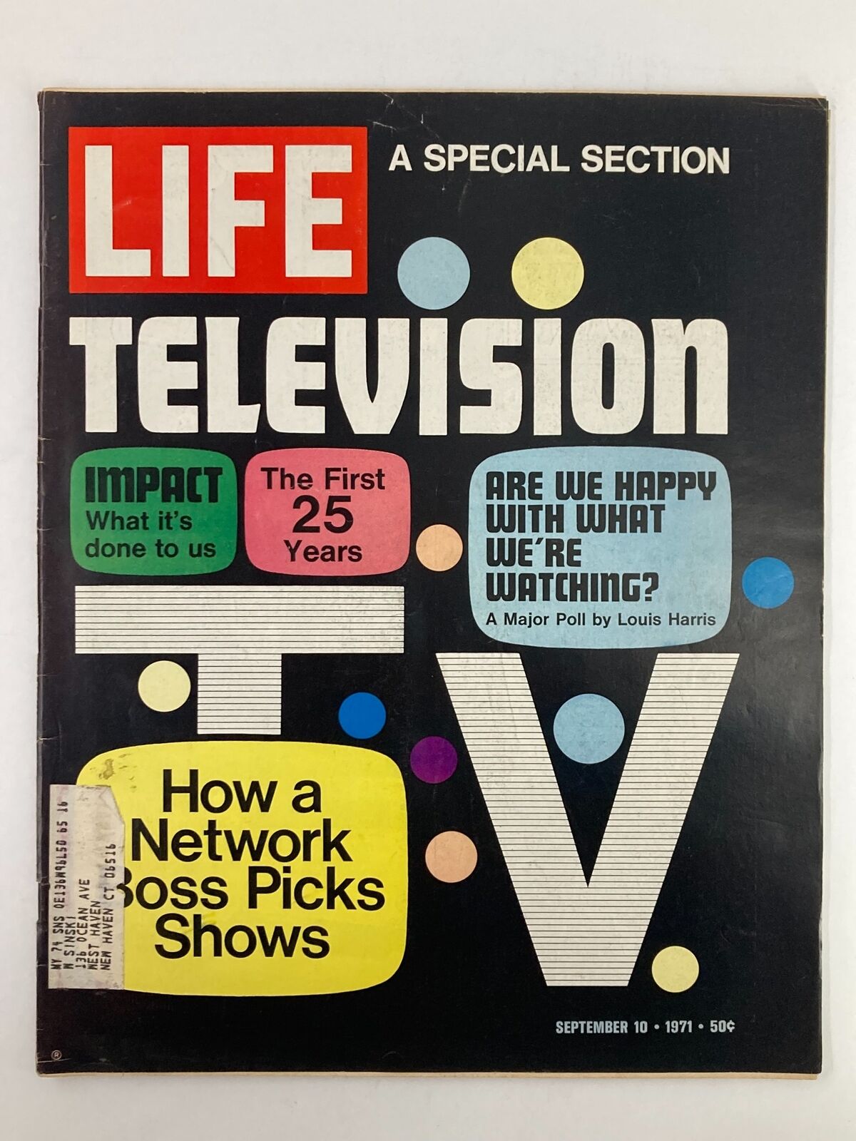 Cover of VTG Life Magazine dated September 10, 1971, featuring a special section on television with bold text stating 'How a Network Boss Picks Shows' and colorful polka dots. The magazine explores the selection process for TV programs in the early 70s.