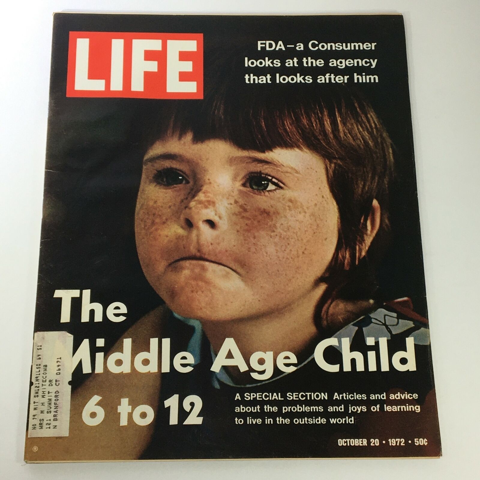 Cover of VTG Life Magazine dated October 20, 1972. Features the title 'The Middle Age Child 6 to 12', with a close-up of a child's thoughtful expression. The cover highlights a special section on the challenges faced by middle age children.