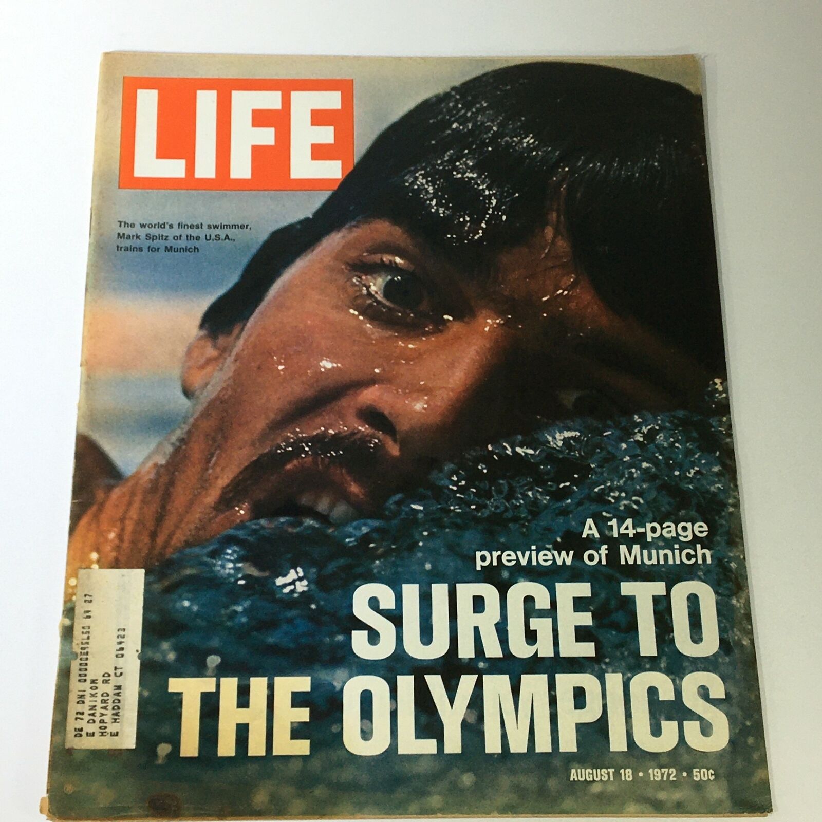 VTG Life Magazine August 18 1972 featuring cover photo of swimmer Mark Spitz, showcasing his prowess with the headline 'SURGE TO THE OLYMPICS' and details about training for the Munich Games.