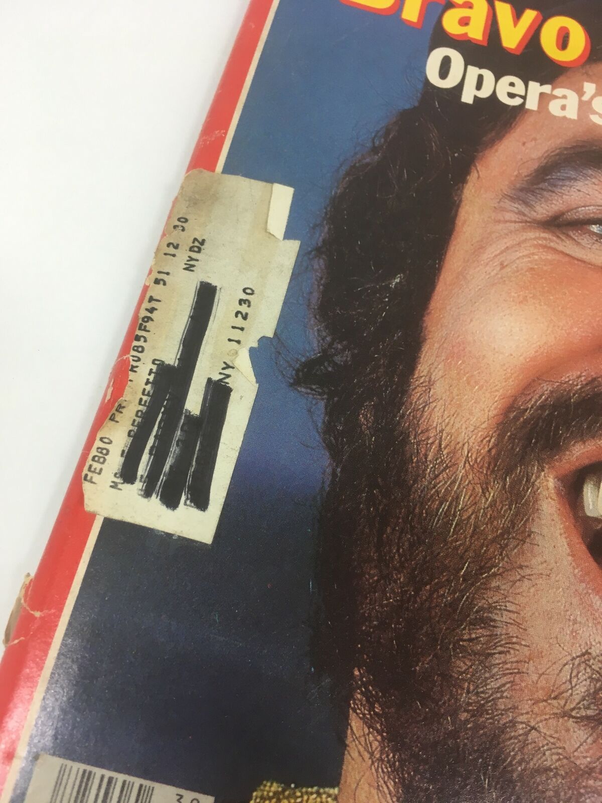 Close-up of the address label on the 1979 Time Magazine featuring Bravo Pavarotti! Opera's Golden Tenor, showcasing its vintage appeal.