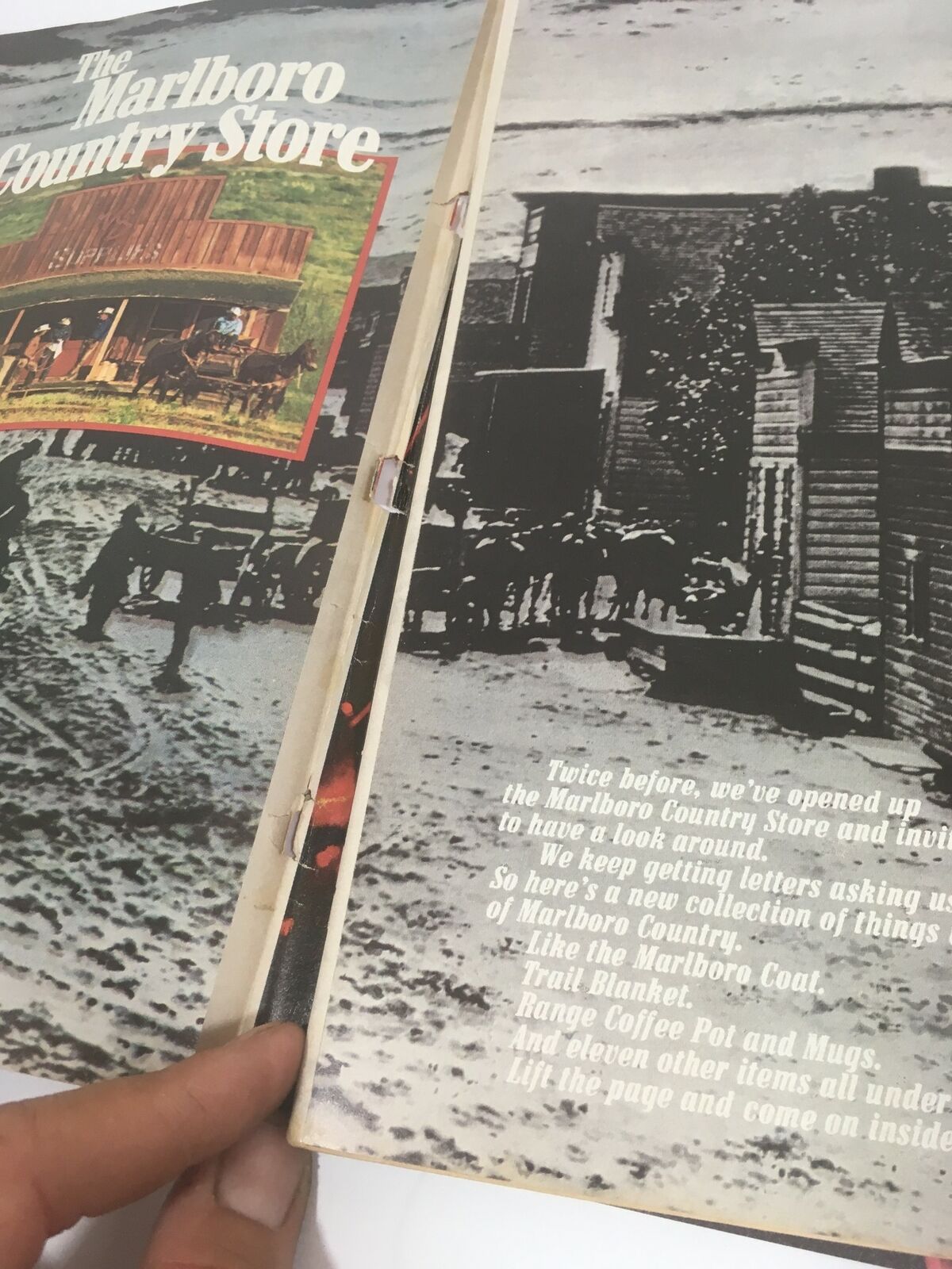 Inside view of a vintage magazine page from 1979 Time Magazine: Bravo Pavarotti! Opera's Golden Tenor, featuring an advertisement for the Marlboro Country Store.