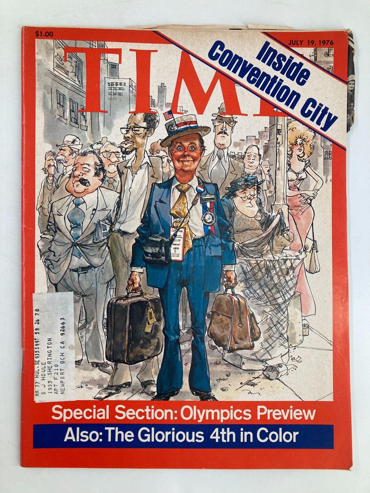 Vintage Time Magazine cover from July 19, 1976, featuring an illustration of a suited man with a suitcase surrounded by convention attendees, highlighting the Inside Convention Story and Olympics Preview.