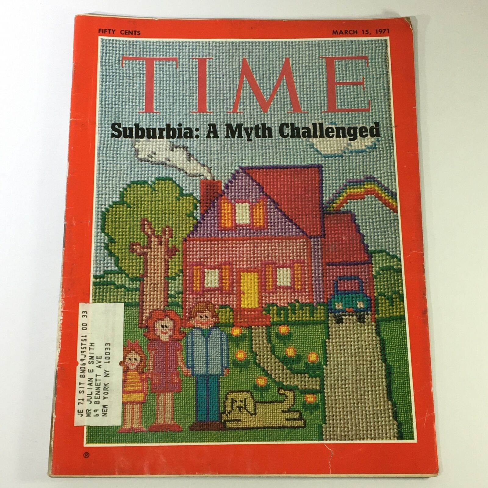 Cover of VTG Time Magazine March 15 1971 titled 'Suburbia: A Myth Challenged' featuring a colorful illustration of a family in front of a house with a dog, highlighting suburban life.