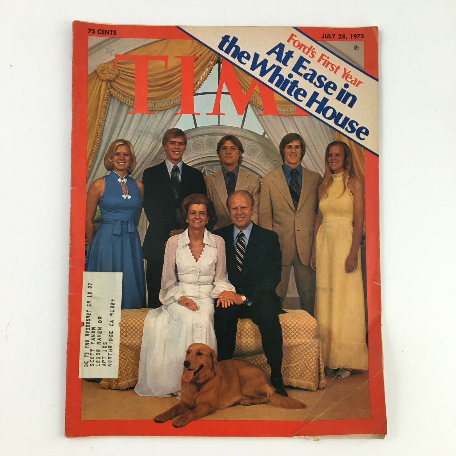 Time Magazine July 28 1975 featuring Ford's First Year at Ease in the White House, showcasing a family portrait with Gerald Ford, Betty Ford, and their children, along with their pet dog.