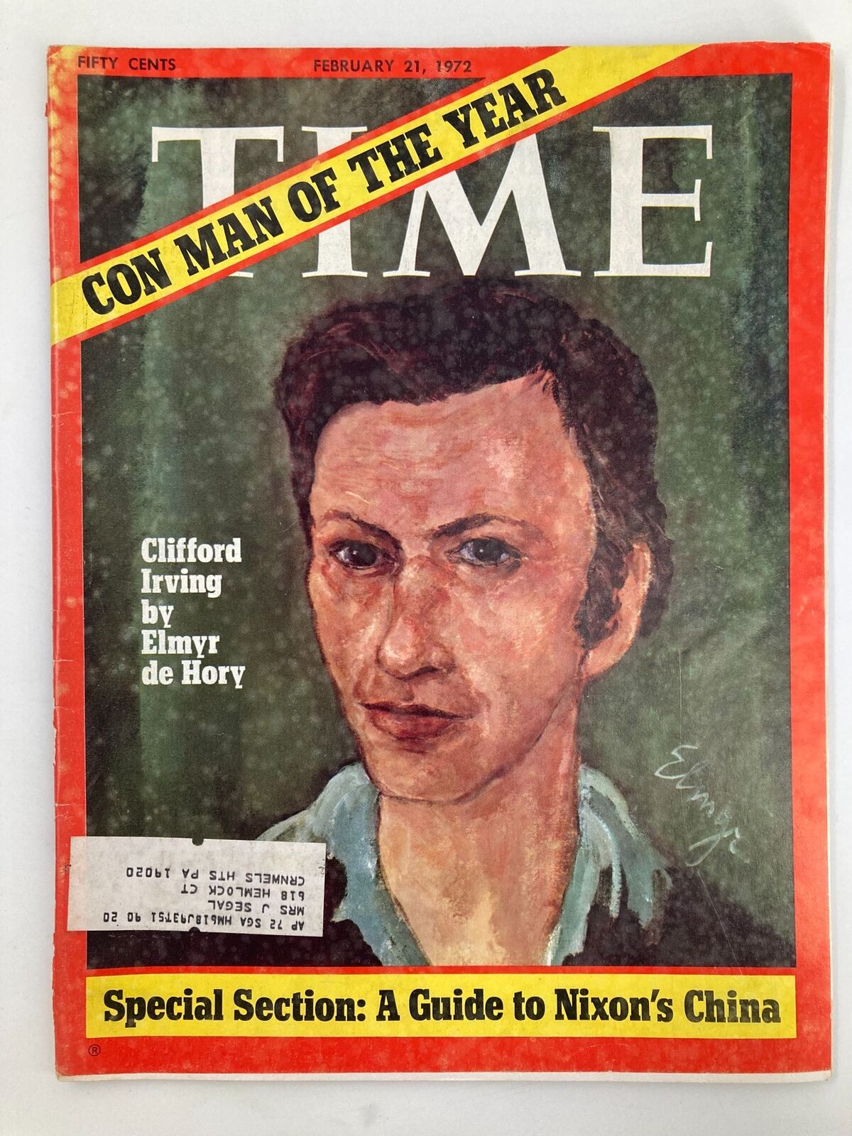 Vintage Time Magazine cover from February 21, 1972, featuring an illustration of Clifford Irving by Elmyr de Hory, highlighting the article 'Con Man of the Year' and a special section on Nixon's China.