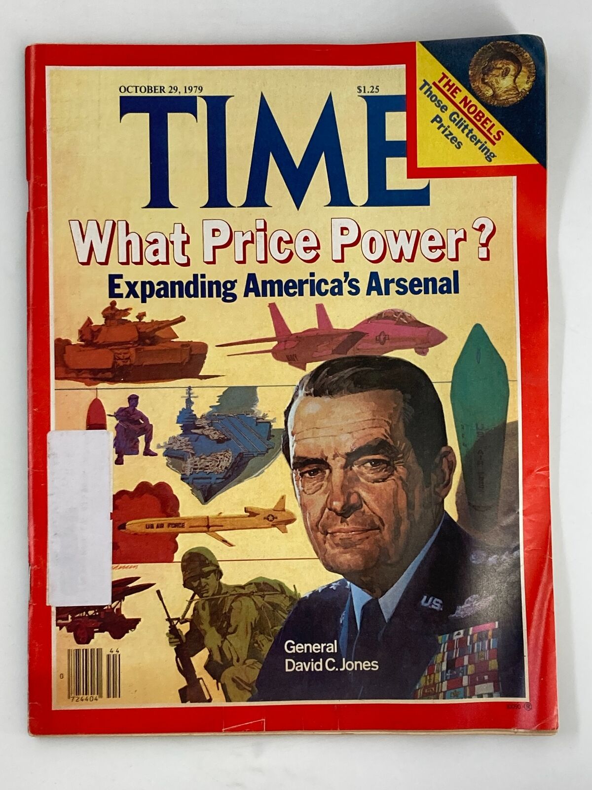 Vintage Time Magazine from October 29, 1979 featuring General David C. Jones. Cover story on expanding America's arsenal with military illustrations including tanks and aircraft.