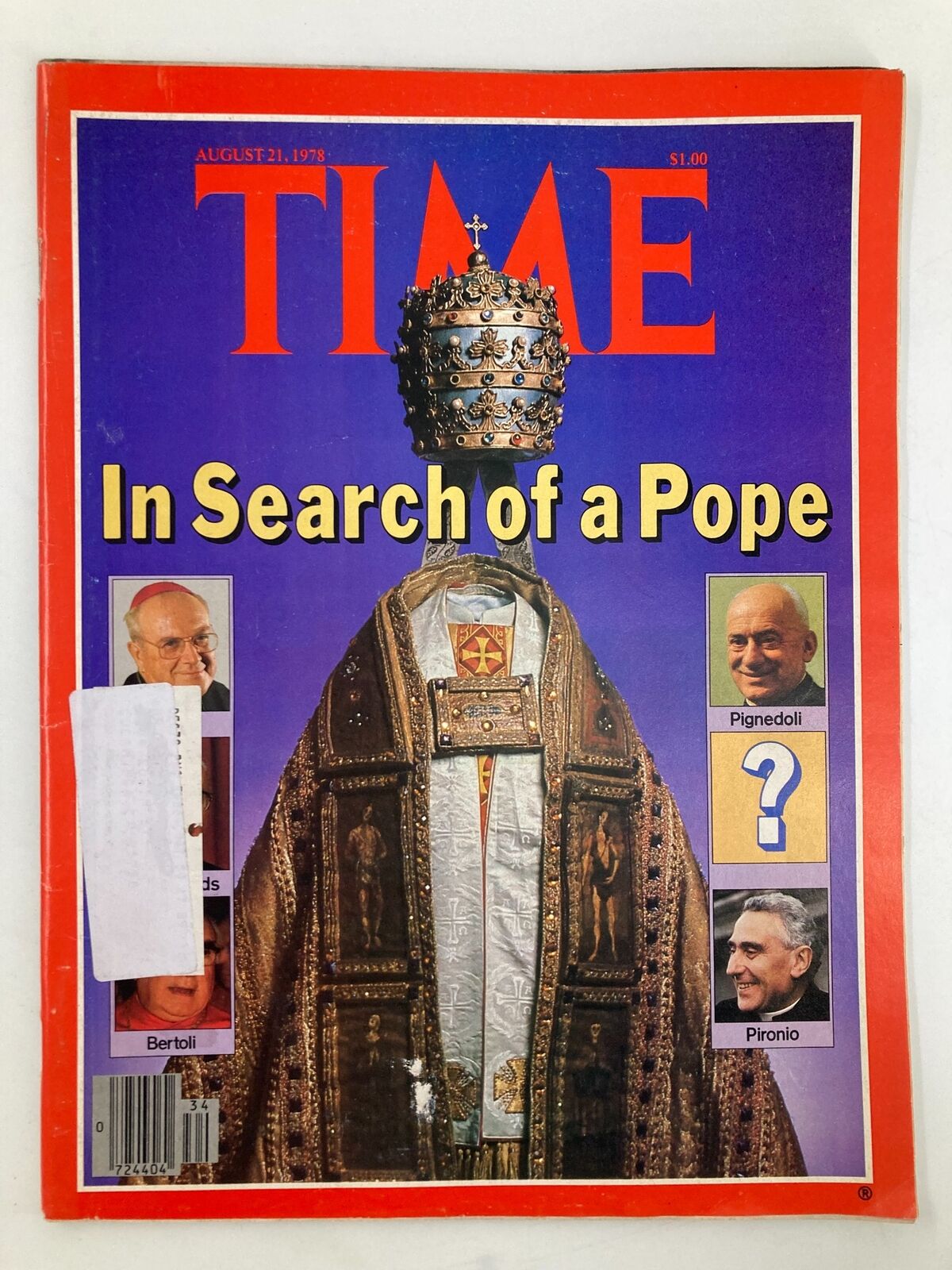 Cover of VTG Time Magazine August 21, 1978 featuring 'In Search of a Pope', showcasing a papal crown and detailed garments, alongside images of Bertoli, Pignedoli, and Pironio.