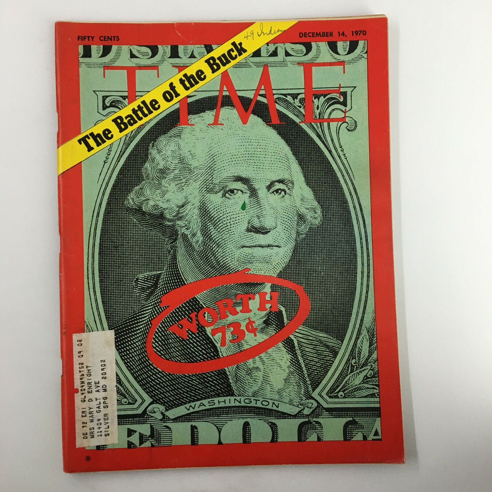 Cover of VTG Time Magazine December 14 1970, featuring the headline 'The Battle of the Buck' with George Washington's portrait in a dollar bill design.