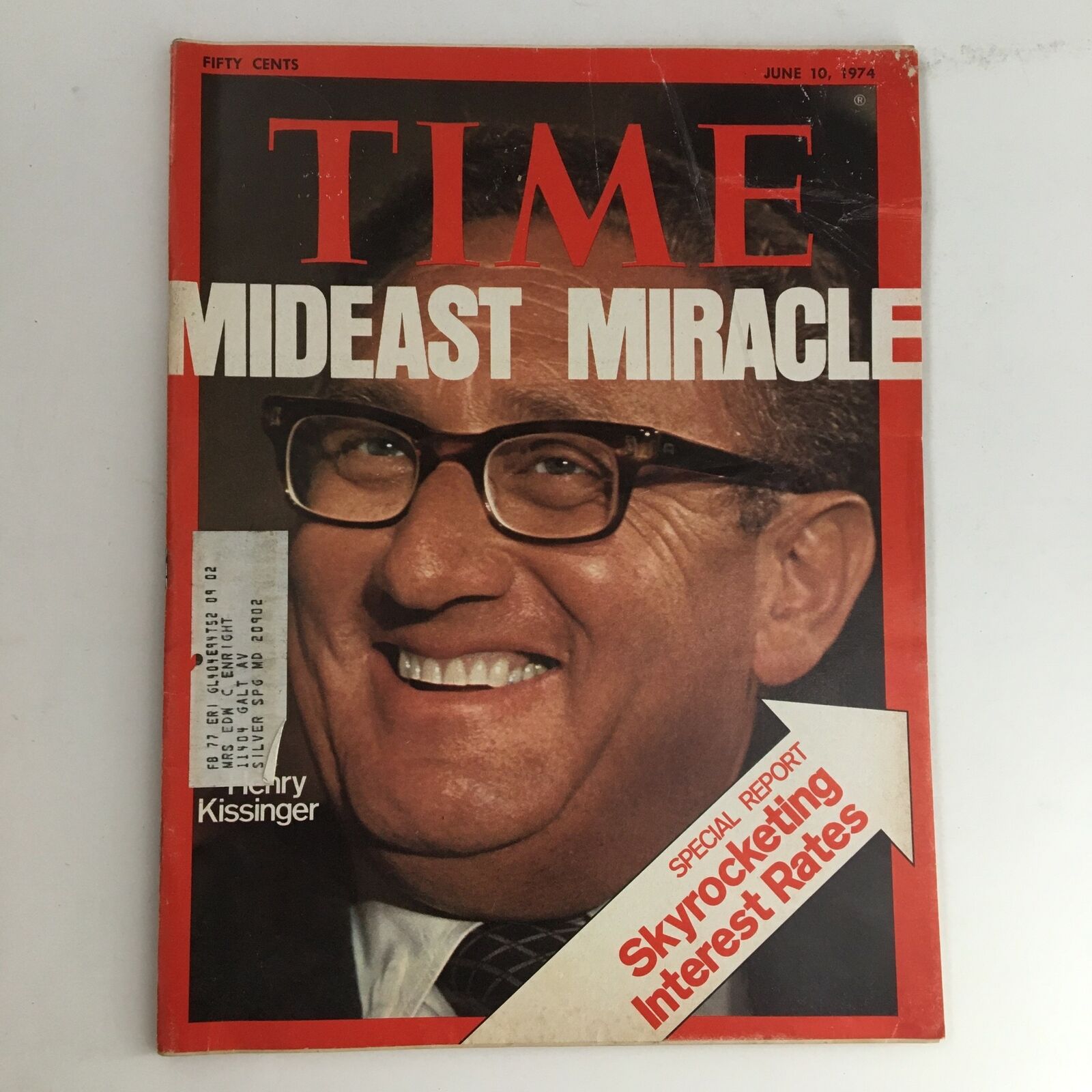 Cover of Time Magazine June 10 1974 Vol. 103 No. 23 featuring Henry Kissinger and the title 'Mideast Miracle'.