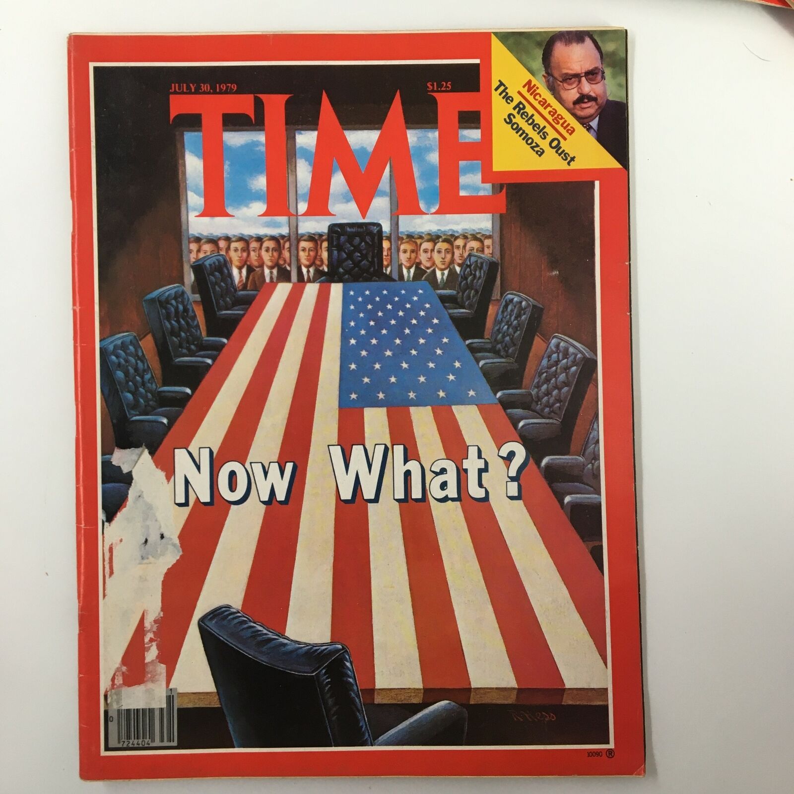 Vintage Time Magazine cover from July 30, 1979, featuring the title 'Now What?' with a depiction of a boardroom with an American flag-themed table and notable figures in the background. The issue highlights 'Nicaragua: The Rebels Oust Somoza'.