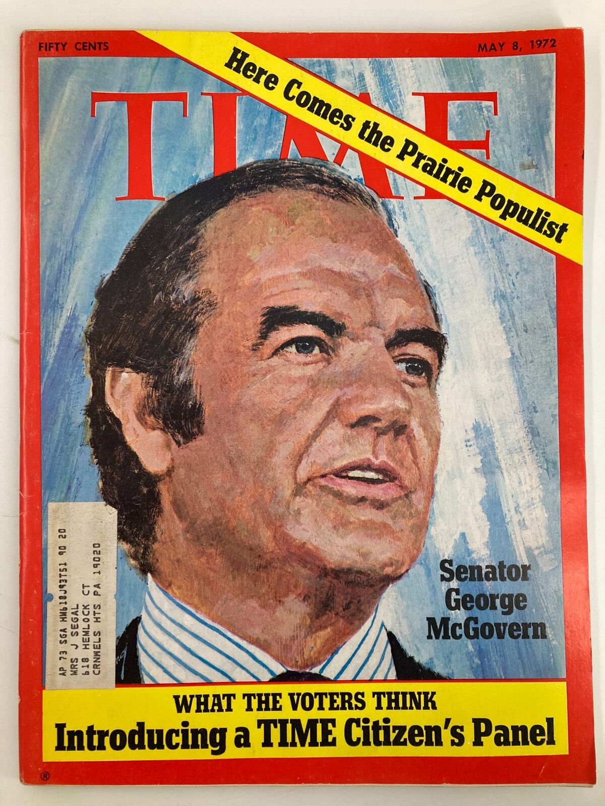 VTG Time Magazine May 8 1972 featuring Senator George McGovern on the cover, showcasing a portrait of McGovern with bold headlines about his presidential campaign and a TIME Citizen's Panel.