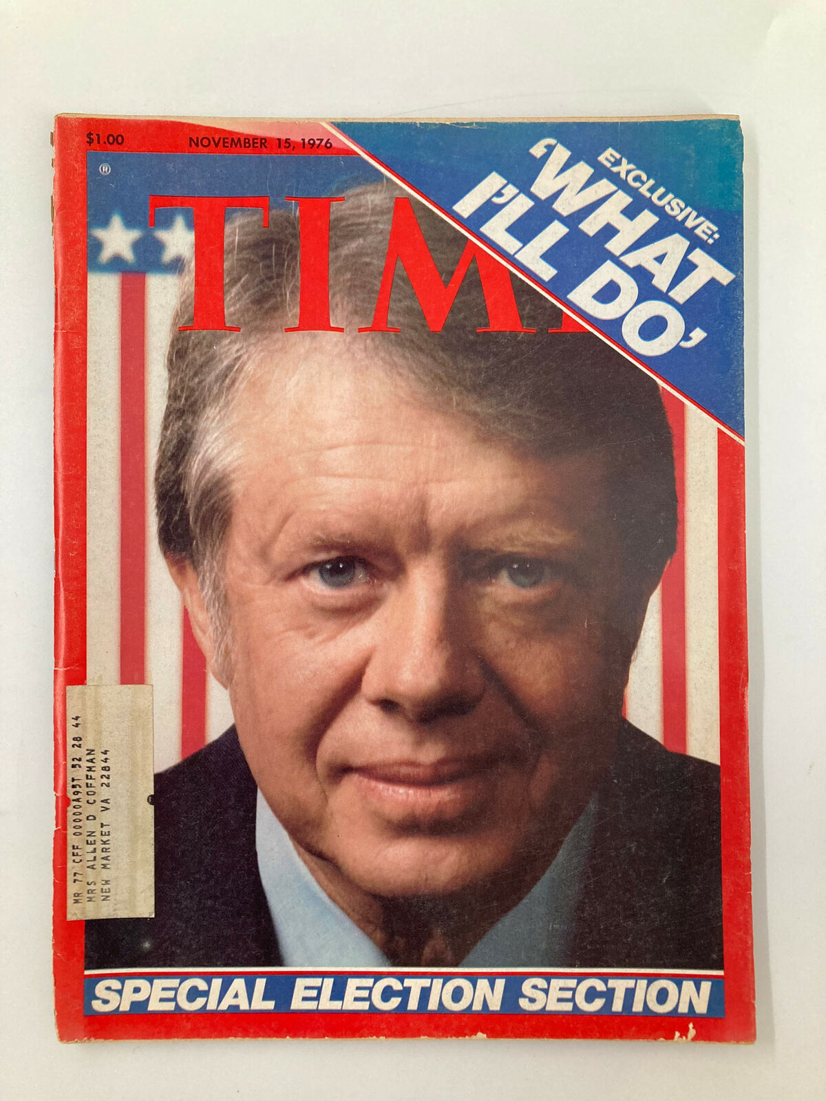 VTG Time Magazine November 15 1976 featuring Jimmy Carter on the cover, showcasing the special election section titled 'What I'll Do', with a red, white, and blue design.