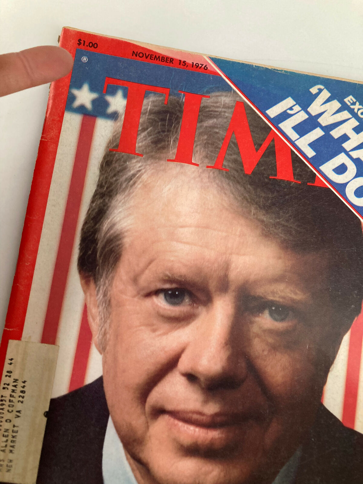 Close-up view of the VTG Time Magazine November 15 1976 cover featuring Jimmy Carter, highlighting the date, price, and the special section titled 'What I'll Do'.