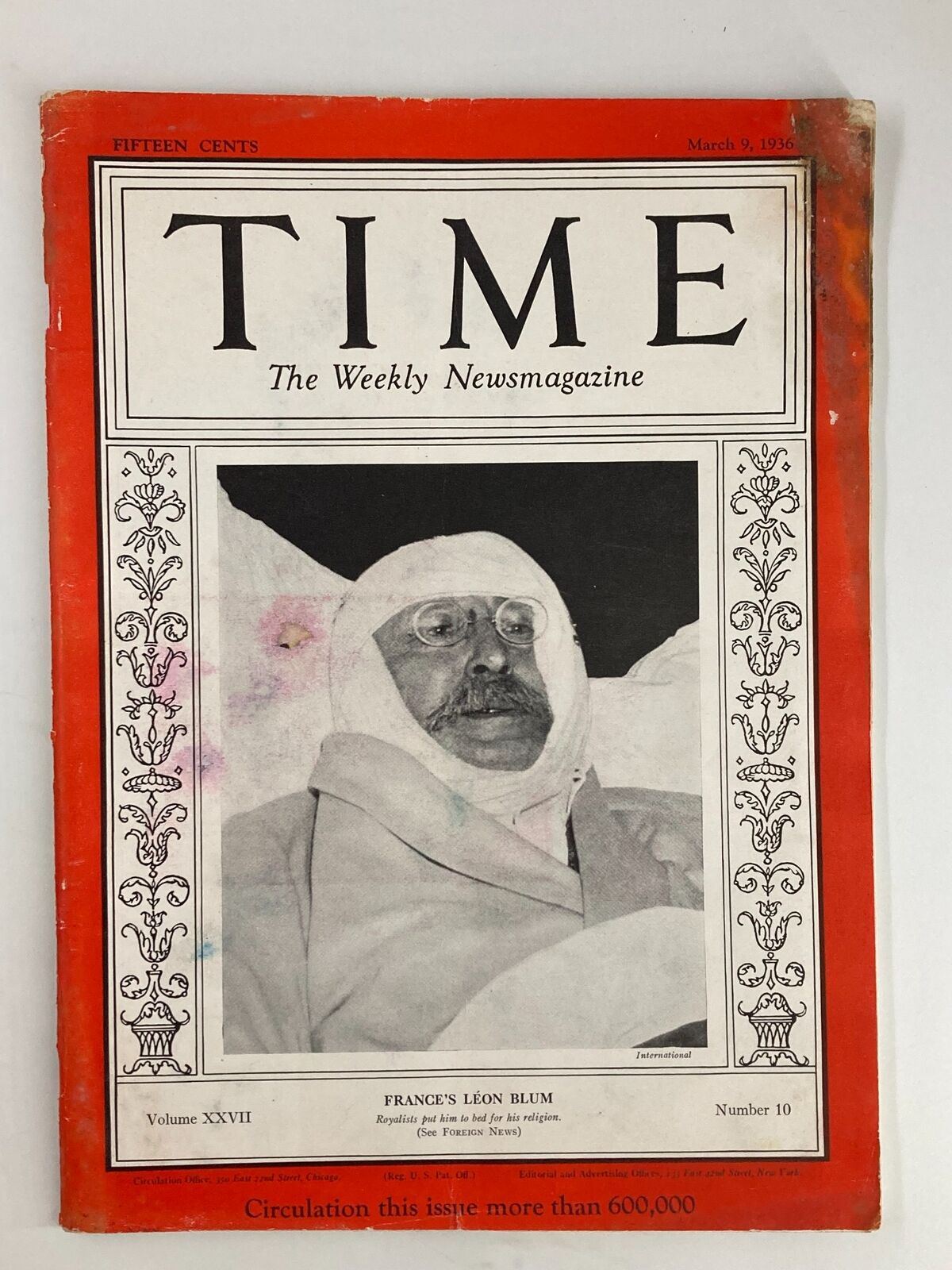 VTG Time Magazine March 9 1936 featuring France's Leon Blum on the cover, showcasing a captivating historical figure in European politics.
