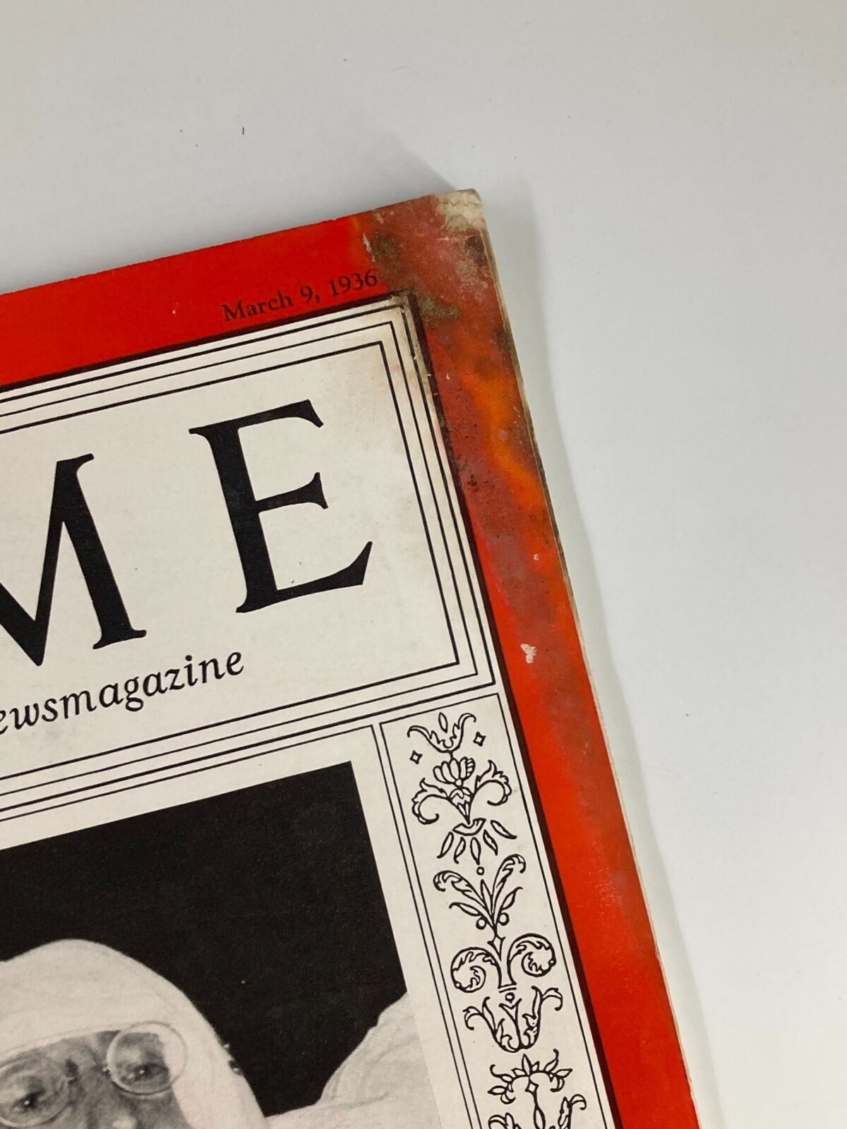 Cover of VTG Time Magazine from March 9, 1936, showing wear and tear with visible aging and discoloration, highlighting the publication's historical significance.