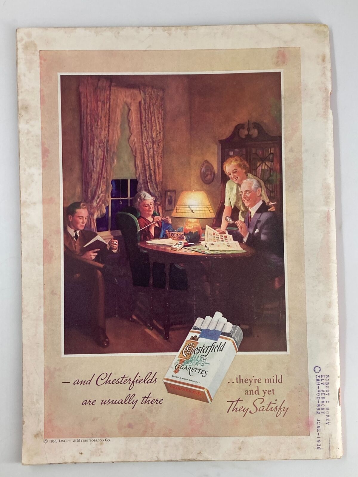 Back cover of VTG Time Magazine March 9, 1936, featuring an advertisement for Chesterfield cigarettes in a cozy domestic setting, showcasing vintage graphic design.