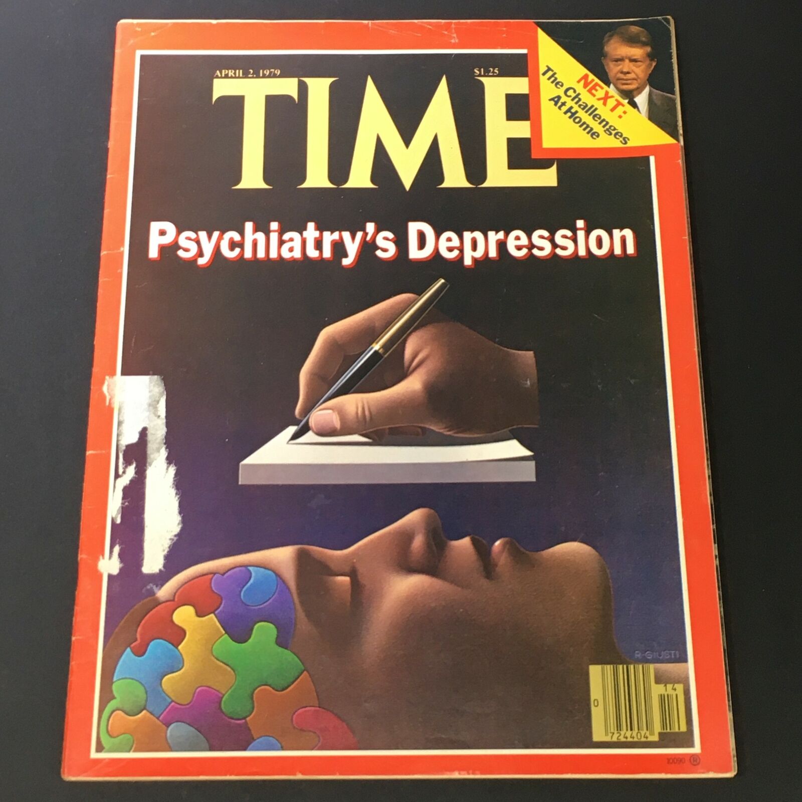 Vintage Time Magazine, April 2, 1979, showcasing the cover 'Psychiatry's Depression', highlighting a hand holding a pen over a blank page and a brain decorated with colorful puzzle pieces.
