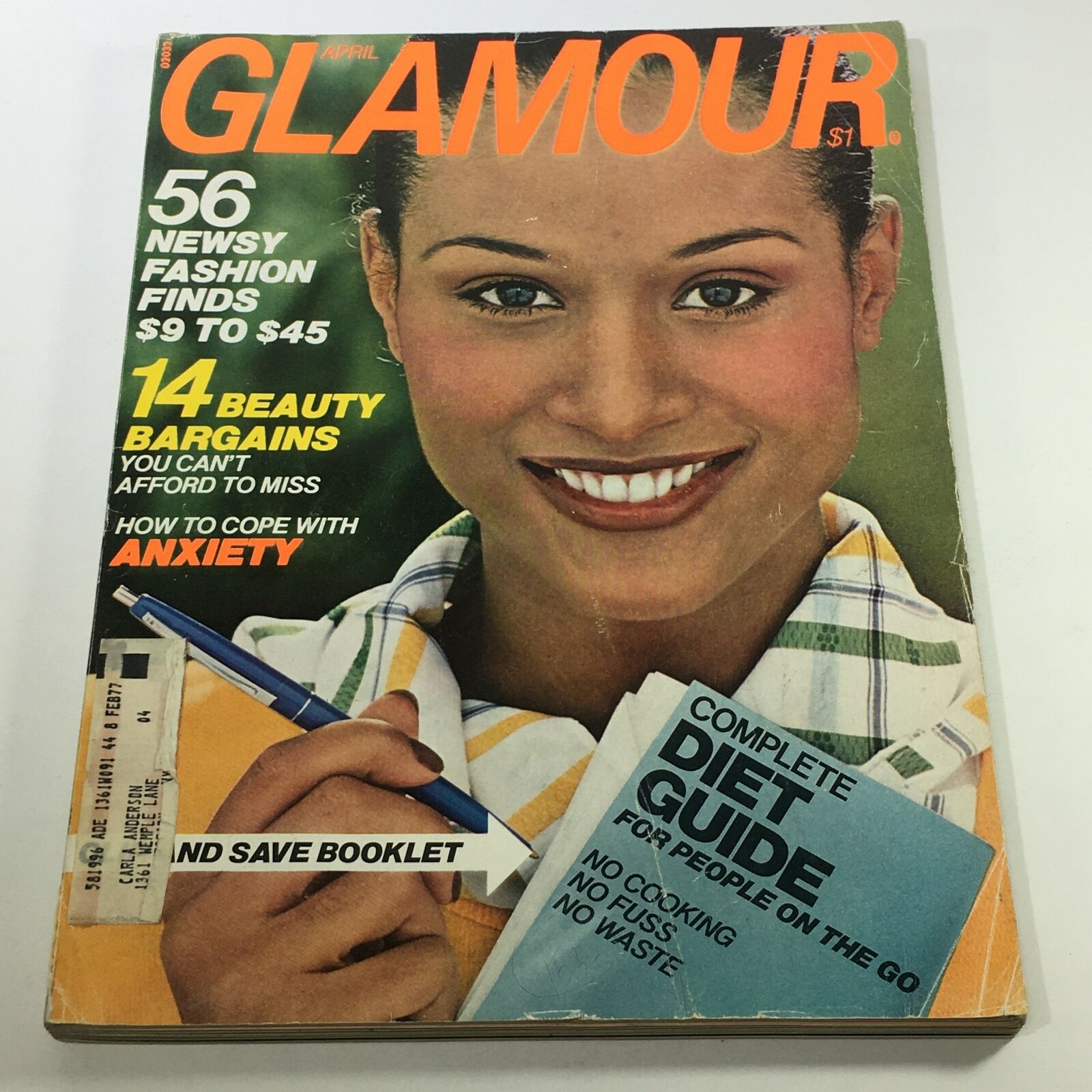 VTG Glamour Magazine: April 1976 cover featuring an iconic model with a bright smile, showcasing headlines about fashion bargains and a diet guide.