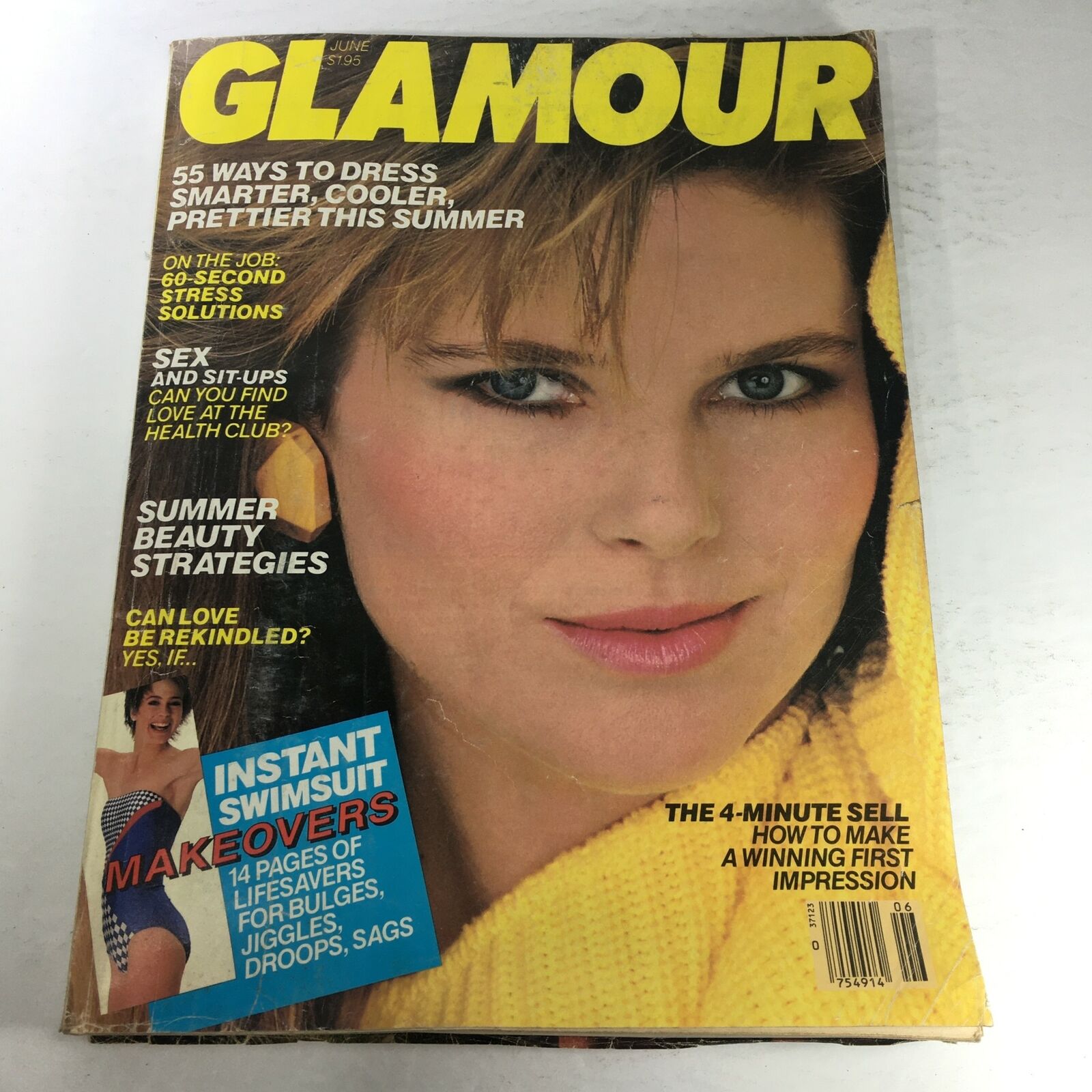 Cover of VTG Glamour Magazine June 1984 featuring a captivating image of a model. The magazine highlights articles on summer beauty strategies, swimwear makeovers, and stress solutions, underscoring the fashion and lifestyle trends of the 1980s.