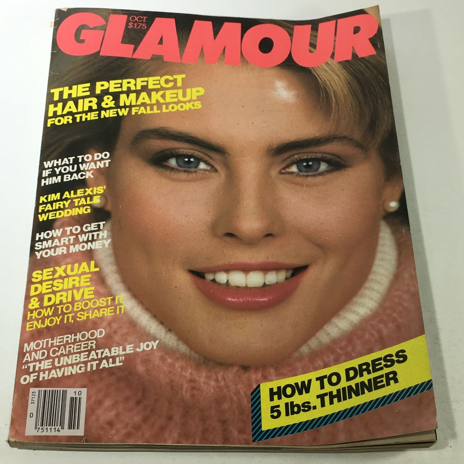 Cover of VTG Glamour Magazine from October 1983 featuring Kim Alexis, highlighting her fairy tale wedding. The cover includes bright color text about perfect hair and makeup, sexual desire, and tips for looking thinner.