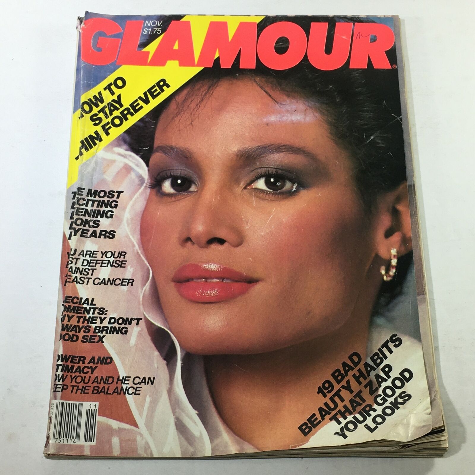 Vintage Glamour Magazine from November 1982 featuring Gail Kendrick on the cover, highlighting 1980s fashion and beauty trends. No cover or newsstand label.