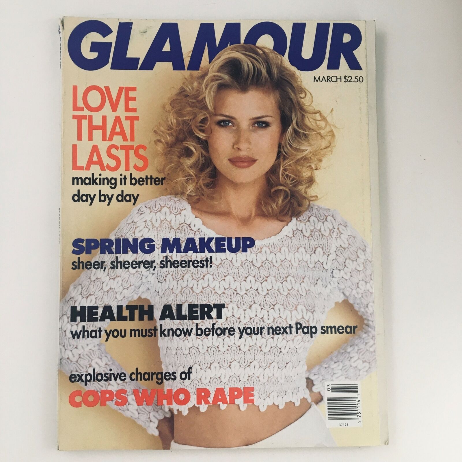 Glamour Magazine March 1993 featuring Model Daniela Pestova on the cover showcasing spring makeup trends, with bold headlines highlighting love, health alerts, and more, perfect for collectors and magazine enthusiasts.