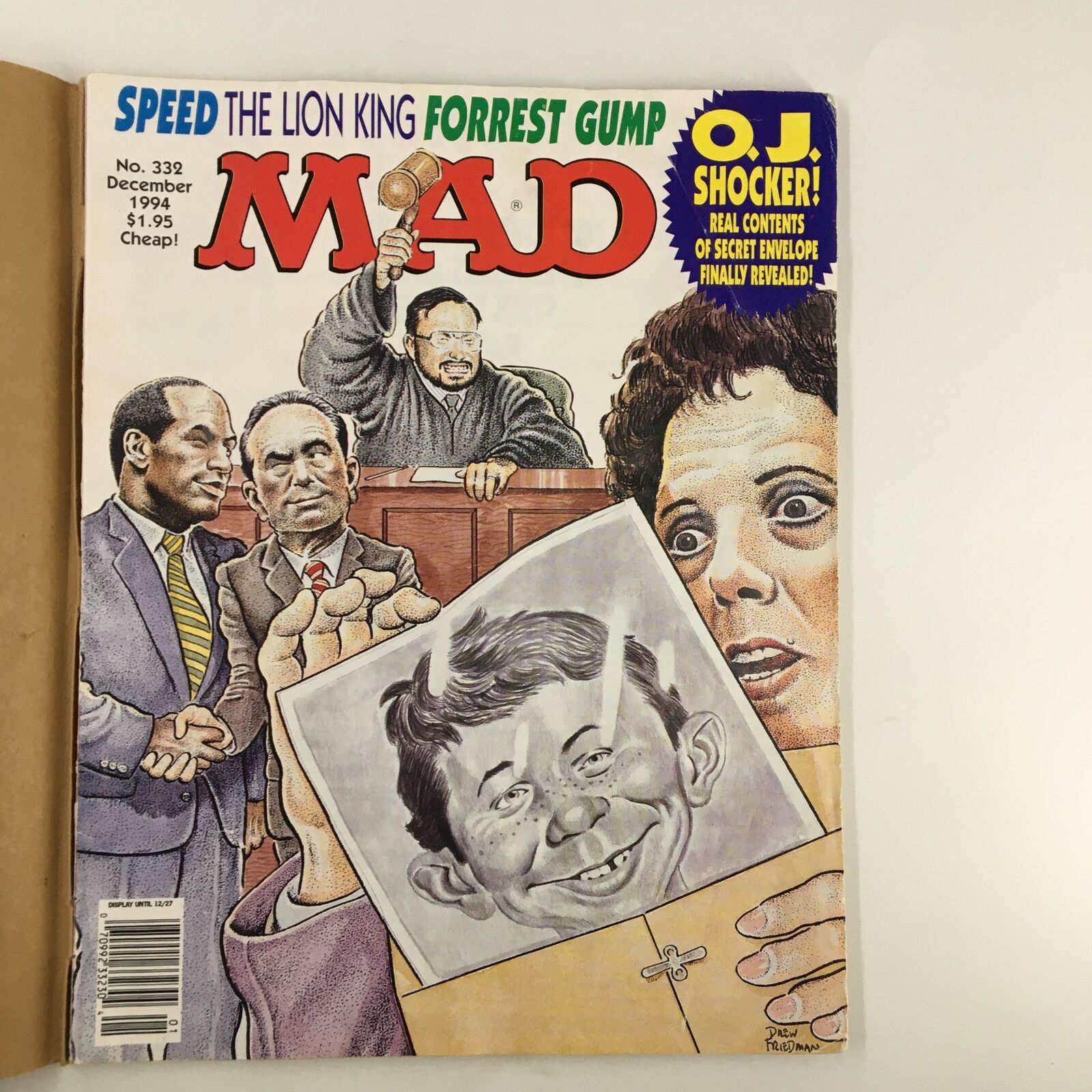 Cover of Mad Magazine December 1994 No. 332 featuring O.J. Simpson Shocker, depicting a courtroom scene with caricatures, including a judge and witnesses, reflecting the infamous O.J. Simpson saga.