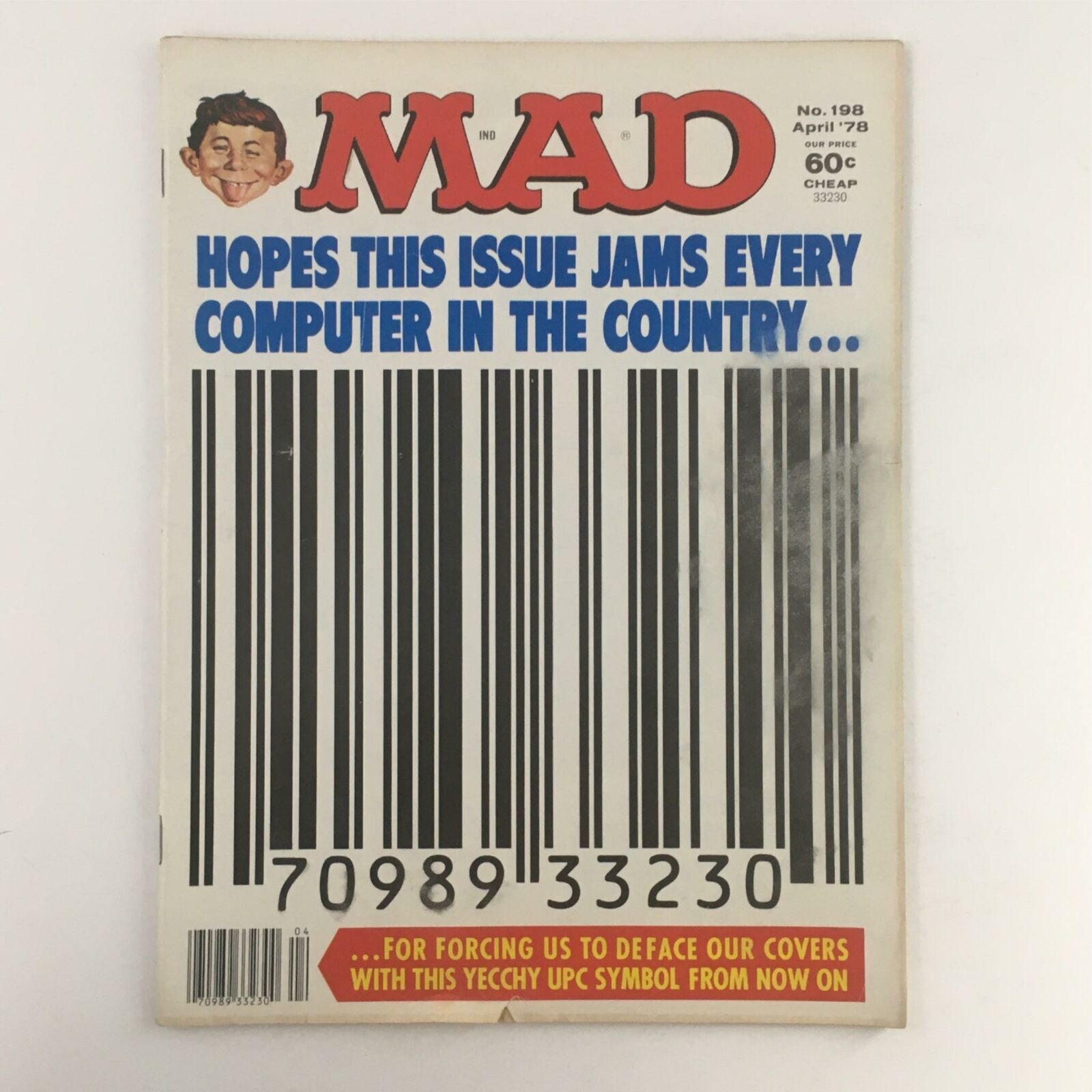 Mad Magazine April 1978 No. 198 cover featuring a humorous barcode and the text 'HOPES THIS ISSUE JAMS EVERY COMPUTER IN THE COUNTRY...' with a caricatured face in the top corner.