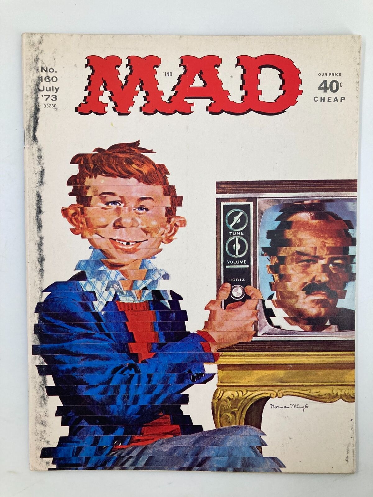 Cover of Mad Magazine July 1973 No. 160, featuring humorous artwork of Alfred E. Neuman with a television, showcasing classic comic book style and vibrant colors, ideal for collectors and vintage comic enthusiasts.