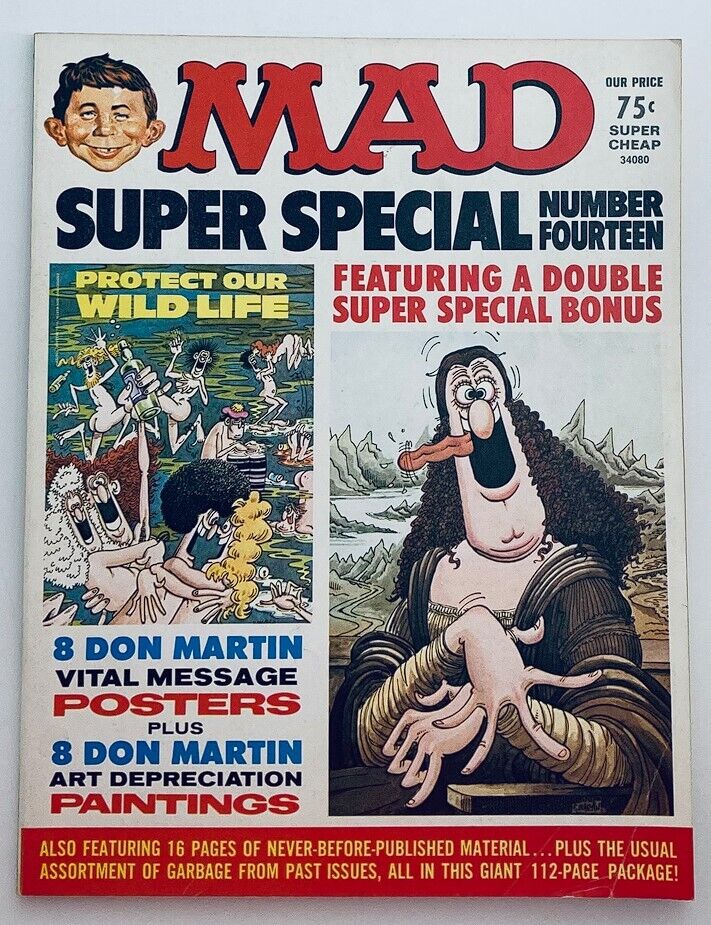 Cover of Mad Super Special Magazine No. 14, 1974, featuring bold titles and cartoon illustrations, including a notable focus on environmental themes and satirical art by Don Martin. The magazine highlights its value with a vintage aesthetic and cultural significance, making it a collectible item.