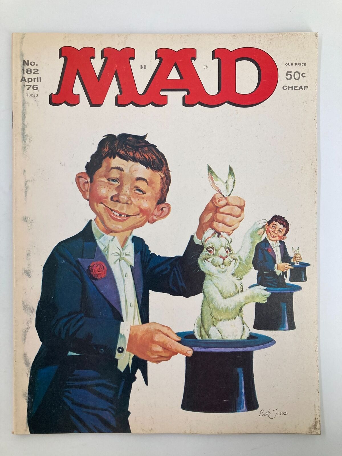 Cover of Mad Magazine April 1976 No. 182 featuring a humorous illustration of a magician pulling a rabbit out of a hat, reflecting classic comic art and satire from the 1970s.