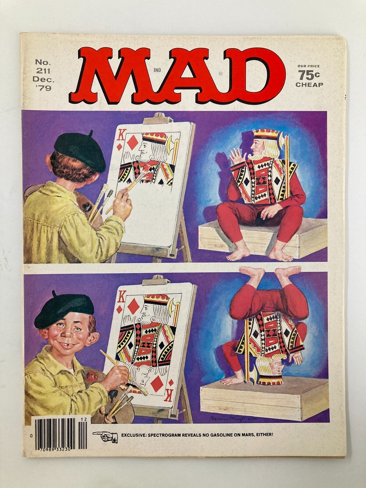 Cover of Mad Magazine issue No. 211 from December 1979, featuring a colorful illustration of the King of Diamonds, showcasing the iconic humor and style of the magazine with a child artist drawing the card, capturing the essence of vintage comic culture.