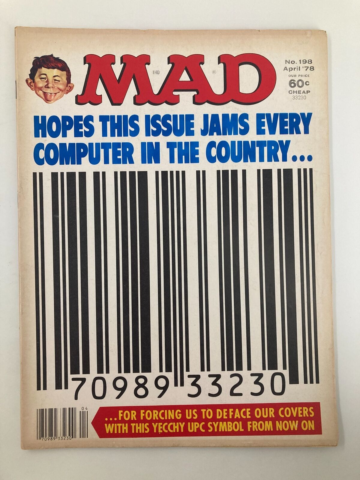 Cover of Mad Magazine April 1978 No. 198 featuring a large barcode and the text 'Hopes This Issue Jams Every Computer in the Country'. The issue includes the cover story 'UPC Symbol Takes Over', showcasing irreverent humor from the magazine.