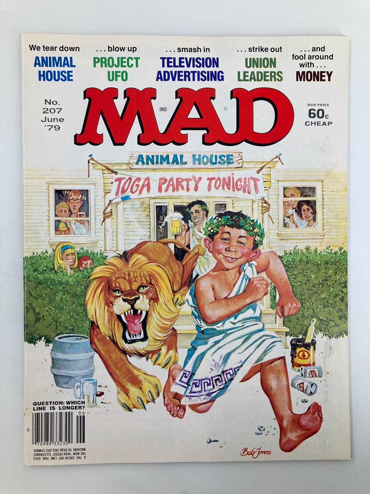 Mad Magazine June 1979 No. 207 Toga Party Tonight, featuring a humorous cover illustration with a toga-wearing child, a roaring lion, and a party scene, highlighting the fun and satire characteristic of Mad Magazine.