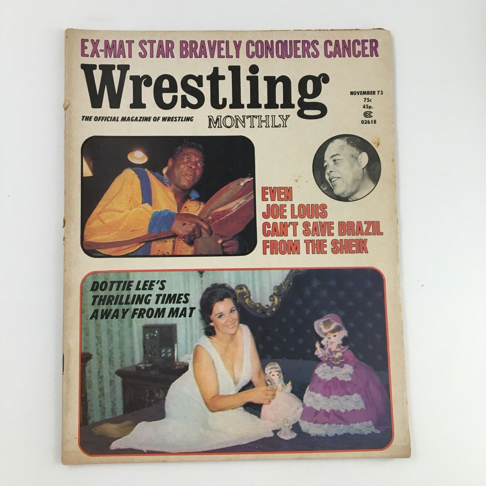 Wrestling Monthly Magazine November 1973 cover featuring the match between Joe Louis and The Sheik, highlighting wrestling culture of the 1970s.