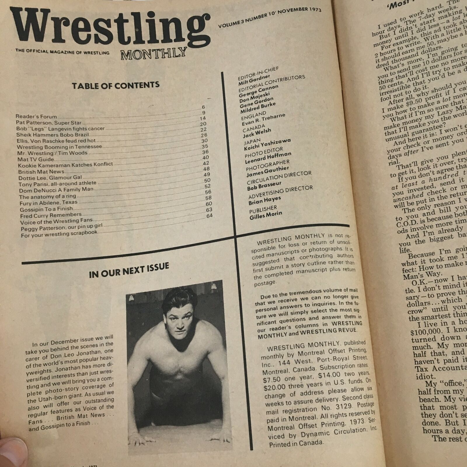 Wrestling Monthly Magazine November 1973 table of contents, detailing articles and features including notable wrestling personalities and events.
