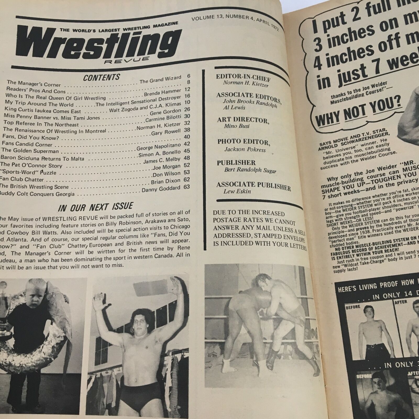 Inside page of Wrestling Revue Magazine April 1972 displaying the contents, highlighting articles including 'The Pat O'Connor Story' and 'Buddy Colt Conquers Georgia', valuable for wrestling collectors.