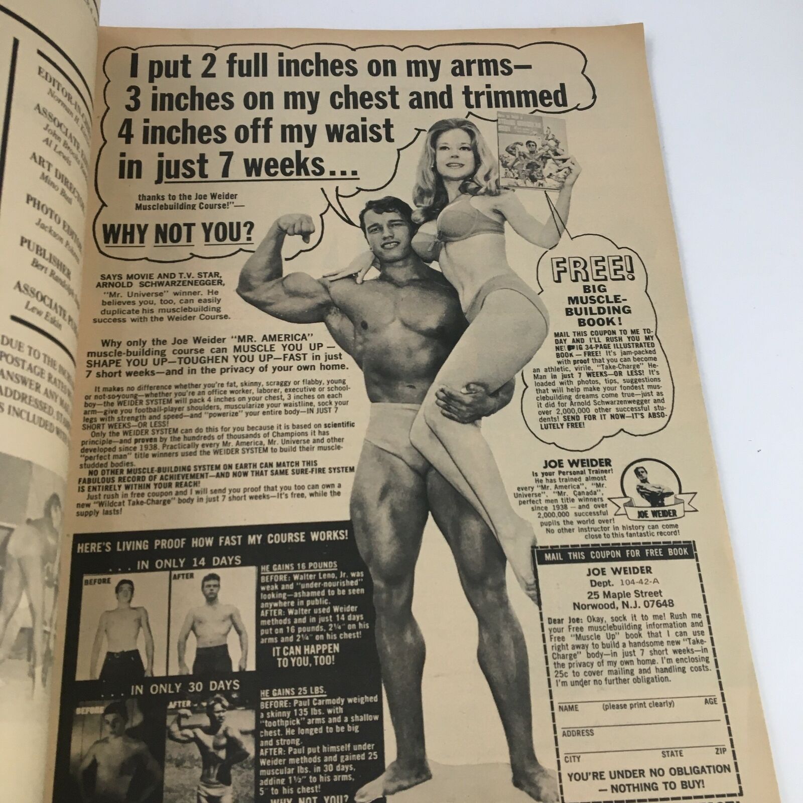 Wrestling Revue Magazine April 1972 featuring Arnold Schwarzenegger promoting Joe Weider's bodybuilding course alongside a model. Perfect for fans and collectors of vintage wrestling memorabilia.