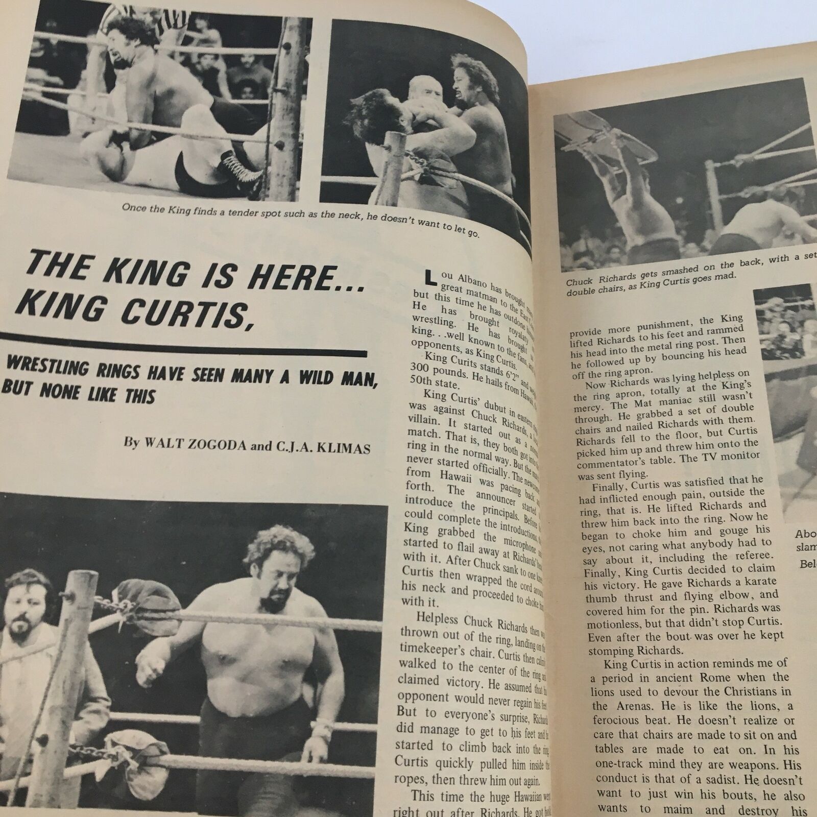 Inside the Wrestling Revue Magazine April 1972 showcasing King Curtis in action during a wrestling match, highlighting the intense and dramatic moments of 1970s professional wrestling.