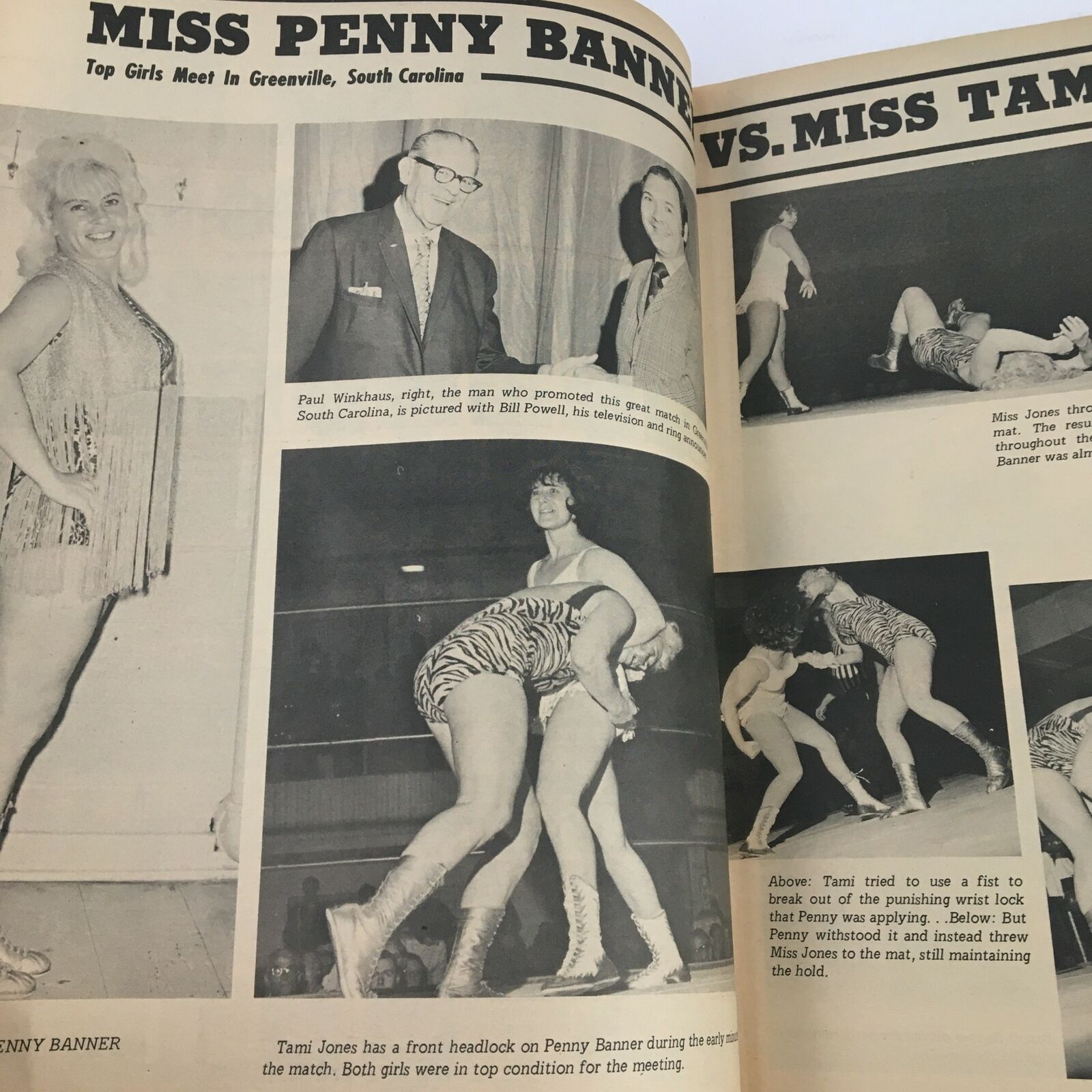 Photograph from the Wrestling Revue Magazine April 1972 of the wrestling match between Miss Penny Banner and Miss Tami Jones, illustrating the competition and excitement in women's wrestling during that era.